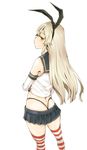  bad_id bad_pixiv_id black_panties blonde_hair blush elbow_gloves from_behind gloves hair_ornament hairband highleg highleg_panties kantai_collection long_hair panties shimakaze_(kantai_collection) simple_background skirt solo striped striped_legwear tamaoki_benkyou thighhighs thong underwear whale_tail white_background 