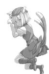 &gt;:) animal_ears cat_ears cat_tail chen greyscale hat looking_at_viewer looking_back monochrome multiple_tails paw_pose piiko_(aa_doushiyou) short_hair simple_background smile solo tail touhou v-shaped_eyebrows white_background 