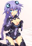  :d bangs bed black_legwear blue_eyes blush bracer braid breasts cleavage cleavage_cutout covered_navel cross_(crossryou) gloves glowing hair_between_eyes hair_ornament hands_on_own_chest headgear hips indoors kneeling large_breasts leotard long_hair looking_at_viewer magical_girl neon_trim neptune_(series) on_bed open_mouth power_symbol purple_hair purple_heart red_cross sidelocks smile solo symbol-shaped_pupils thighhighs turtleneck twin_braids very_long_hair 