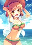  :d beach bikini blush breasts brown_eyes brown_hair cleavage cloud condensation_trail day dress_shirt frilled_bikini frills hands_on_headwear hat hataraku_maou-sama! highres hoshi_ichi large_breasts navel ocean open_clothes open_mouth open_shirt orange_bikini outdoors sasaki_chiho shirt short_hair sky smile solo straw_hat swimsuit twintails upper_body water wet 