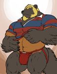  beard biceps big_muscles blonde_hair blue_eyes brown_fur bulge facial_hair fur grisser hair jockstrap kuzuri looking_at_viewer male mammal muscles mustelid pose scar solo underwear wolverine 