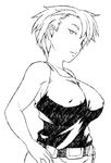  asta_(hunter_x_hunter) bangs bare_shoulders belt breasts covered_nipples greyscale hair_over_one_eye hands_on_hips huge_breasts hunter_x_hunter monochrome short_hair solo tank_top tsukudani_(coke-buta) 