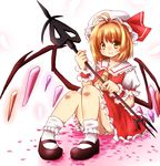  ascot brown_hair cardcaptor_sakura cosplay flandre_scarlet flandre_scarlet_(cosplay) green_eyes hat hat_ribbon kinomoto_sakura laevatein looking_at_viewer mary_janes misoshiru_(meridianchild312) panties pantyshot pantyshot_(sitting) petals puffy_sleeves ribbon shirt shoes short_sleeves sitting skirt skirt_set smile solo touhou underwear upskirt vest white_hat white_panties wings 