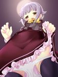  black_legwear blush bow brown_eyes hair_ornament hairclip idolmaster idolmaster_cinderella_girls koshimizu_sachiko long_sleeves open_mouth panties panty_pull school_uniform short_hair silver_hair skirt solo thighhighs tilm underwear white_panties 