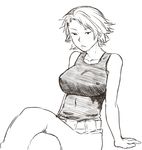  asta_(hunter_x_hunter) bare_shoulders belt breasts covered_nipples crossed_legs huge_breasts hunter_x_hunter jitome monochrome pants short_hair sitting tank_top taut_clothes tsukudani_(coke-buta) 