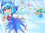  2girls ascot blue_dress blue_eyes blue_hair blue_sky blush cirno cloud daiyousei dress fairy_wings flying food green_hair hair_ribbon ice ice_wings melting multiple_girls popsicle puffy_sleeves ribbon shaded_face shinapuu shirt short_sleeves side_ponytail sky surprised sweat touhou wings 