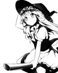  blush broom broom_riding greyscale hand_on_headwear hat highres kirisame_marisa long_hair monochrome piiko_(aa_doushiyou) simple_background smile solo touhou white_background witch_hat 