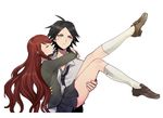  1girl ahoge bad_id bad_pixiv_id banned_artist black_hair carrying closed_eyes danganronpa danganronpa/zero harano kiss long_hair matsuda_yasuke necktie otonashi_ryouko princess_carry red_hair 