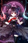  black_dress black_gloves black_hair bow bowtie dress fang fire fusion gloves head_wings looking_at_viewer magic_circle red_eyes red_gloves rion_flina sion_flina solo sword_girls tattoo tora_(tora_factory) wings 