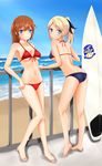  beach bikini blonde_hair blue_eyes brown_hair charlotte_e_yeager day katharine_ohare long_hair multiple_girls ponytail rasielcochma strike_witches surfboard swimsuit world_witches_series 