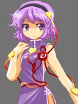  alternate_costume bare_shoulders blush china_dress chinese_clothes dress eyeball grey_background hairband heart komeiji_satori mono_(moiky) purple_eyes purple_hair short_hair side_slit solo third_eye touhou 