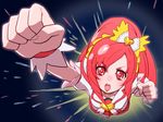  bow clenched_hands cure_ace dokidoki!_precure foreshortening from_above hair_bow heart long_hair madoka_aguri magical_girl namesake open_mouth parody precure pun raised_fist red_eyes red_hair solo tonami_kanji ultra_series ultraman_ace ultraman_ace_(series) wrist_cuffs 