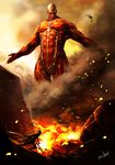  cape character_request colossal_titan destruction dual_wielding eren_yeager fire full_body giant holding long_sleeves monster multiple_boys muscle outstretched_arm outstretched_arms running shingeki_no_kyojin size_difference standing sword three-dimensional_maneuver_gear weapon 