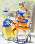  bag blonde_hair blue_eyes blush bottle bottle_opener dress earrings food french_flag fruit handbag hat highres jewelry long_hair looking_at_viewer orange_peel orangina personification robot_(santouhei) shoes smile solo twintails 