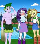  applejack_(eg) blonde_hair blue_eyes blush bracelet building clothing cloud cowboy_hat equestria_girls fanning female friendship_is_magic grass green_eyes green_hair hair hat human humanized jewelry male mammal my_little_pony outside pia-sama pool purple_hair rarity_(eg) shirt shorts skirt spike_(eg) topless towel tree wall water 