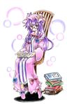  bespectacled book bow bubble_background colored_pencil_(medium) crescent dress eyelashes full_body glasses gokuu_(acoloredpencil) hair_bow hat highres long_hair looking_at_viewer patchouli_knowledge purple_dress purple_eyes purple_hair red-framed_eyewear semi-rimless_eyewear shadow shoes sitting solo striped striped_dress touhou traditional_media under-rim_eyewear white_background 