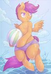  anthro anthrofied ball breasts camel_toe clothing cloud clouds equine female friendship_is_magic fur hair holding horse lonelycross mammal my_little_pony nipples orange_fur outside panties partially_clothed pegasus pony purple_eyes purple_hair scootaloo_(mlp) short_hair sky small_breasts smile solo spread_wings underwear water wet wings 