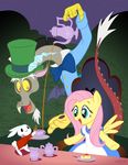  alice_(wonderland) alice_in_wonderland angel_(mlp) blue_eyes bow_tie bush cake chair cherry clothing crossover cup cute discord_(mlp) draconequus dress dripping empty-10 equine female feral fluttershy_(mlp) food fork friendship_is_magic fur group hair happy hat hi_res holding horn horse mad_hatter male mammal my_little_pony night open_mouth outside parody pegasus pink_hair plate pony red_eyes signature sitting smile spread_wings standing stars suit table tea teacup teapot tongue top_hat white_fur white_rabbit wings yellow_fur 