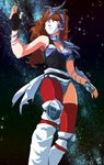  aquila_marin armor asymmetrical_legwear bikini_armor breasts choker cleavage elbow_gloves fingerless_gloves gauntlets gloves highres leg_warmers leotard long_hair mask md5_mismatch medium_breasts ooyama_(o-yama) orange_hair pantyhose pauldrons red_hair red_legwear saint_seiya sash shoulder_armor shoulder_pads sky solo spaulders star star_(sky) starry_sky tiara 