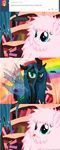  blue_eyes blush changeling comic dialog english_text equine female feral fluffle_puff friendship_is_magic green_eyes green_hair hair horn horse mammal mixermike622 my_little_pony perspective pink_hair pony queen_chrysalis_(mlp) rainbow text tongue tongue_out wings 