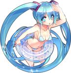  aqua_eyes aqua_hair arm_up bikini breasts collarbone fujishima-sei_ichi-gou hatsune_miku heart highres innertube long_hair medium_breasts navel open_mouth side-tie_bikini simple_background solo striped striped_bikini swimsuit twintails very_long_hair vocaloid white_background 