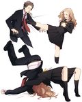  1girl adachi_tooru age_difference belt black_legwear blazer brown_hair formal german_suplex houndstooth jacket kicking konishi_saki mushisotisis necktie persona persona_4 pleated_skirt school_uniform serafuku skirt socks suit suplex unmoving_pattern vomiting what_if 