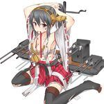  absurdres adjusting_hair armpits bare_shoulders black_hair black_legwear blood blood_stain blush breasts cannon detached_sleeves haruna_(kantai_collection) hawe_king highres japanese_clothes kantai_collection long_hair looking_at_viewer medium_breasts mouth_hold red_eyes sarashi sitting skirt solo sweatdrop thighhighs torn_clothes wariza 