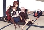  3girls ? arm_hug artoria_pendragon_(all) back-to-back barefoot black_legwear blonde_hair blue_eyes braid brown_hair cheating dark_sakura emiya_shirou fate/stay_night fate_(series) food french_braid green_eyes haruhikohiko hetero kotomine_kirei long_legs matou_sakura multiple_boys multiple_girls netorare orz pantyhose pink_eyes pink_hair pocky raglan_sleeves red_hair saber sitting sitting_on_lap sitting_on_person thighhighs toosaka_rin two_side_up wavy_hair white_hair zettai_ryouiki 