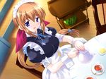  apron blue_eyes brown_hair galzoo_island maid-san maid_headdress mutsumi_masato ponytail teapot 