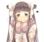  :d animal_earmuffs bangs blunt_bangs blurry blush brown_eyes brown_hair bunny bunny_earmuffs coat earmuffs eyebrows_visible_through_hair gloves hair_rings happy jacket long_hair long_sleeves looking_at_viewer lowres mittens no_pupils open_mouth original scarf sidelocks simple_background smile solo teeth twintails weee_(raemz) white_background white_coat 