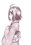  araragi_tsukihi fried_egg hair_ornament japanese_clothes kimono kouji_(campus_life) lowres monochrome monogatari_(series) short_hair solo 