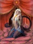 clothed clothing detailed_background ear_hoops ear_piercing feline female hair jewelry kneeling lewelry long_hair looking_at_viewer mammal navel panther piercing pillow quirachen skimpy solo solonavel white_hair 