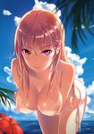  bad_id bad_pixiv_id bare_shoulders bent_over bikini blonde_hair blush breast_drip breast_hold breasts cleavage cloud collarbone day earrings flower hanging_breasts hibiscus jewelry large_breasts long_hair looking_at_viewer mole mole_under_eye nature nipples ocean original phantania pink_eyes see-through side-tie_bikini sky smile solo sunlight swimsuit water wet wet_hair white_bikini 