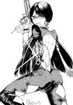  1girl ass bayonetta bayonetta_(character) bayonetta_2 glasses gun o_soba short_hair simple_background solo weapon white_background 