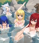  4girls absurdres age_difference alternate_form animal_ears artist_name bangs bathing blonde_hair blue_hair blush boulder breasts brown_eyes casual_nudity cat_ears cat_girl charle_(fairy_tail) cleavage closed_mouth collarbone collarbones convenient_censoring covering covering_chest crossed_arms embarrassed erza_scarlet eyebrows_visible_through_hair facing_viewer fairy_tail friends gaston18 hair_between_eyes hair_ornament hairclip hand_tattoo hands_on_breasts happy highres in_water large_breasts leg_up long_hair looking_at_another looking_at_viewer looking_down lucy_heartfilia multiple_girls navel nude onsen outdoors partially_submerged red_hair shoulder_tattoo shy sitting sitting_together small_breasts smile tattoo tongue water wendy_marvell wet white_hair 