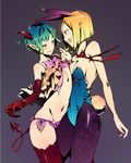  animal_ears blonde_hair blue_eyes blue_hair blush breast_press breasts bunny_ears bunny_girl bunny_tail bunnysuit cleavage demon_girl demon_tail elbow_gloves gloves gradient_hair green_hair hands_together horns medium_breasts midriff multicolored_hair multiple_girls orange_hair original panties pantyhose pointy_ears purple_eyes short_hair single_glove super_zombie symmetrical_docking tail thighhighs underwear 