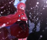  blouse bow cape covering_mouth crossed_arms fireflies hair_bow high_collar highres looking_down night outdoors red_eyes red_hair sekibanki short_hair skirt solo touhou tree willow wind wind_lift yodori-san yukkuri_shiteitte_ne 