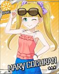  aqua_eyes artist_request blonde_hair card_(medium) character_name eyewear_on_head idolmaster idolmaster_cinderella_girls long_hair mary_cochran official_art one_eye_closed orange_background solo sparkle sun_(symbol) sunglasses twintails 