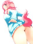  animal_ears ass bare_legs bare_shoulders blue_eyes bottomless detached_sleeves ears_down from_below kanae_(naomi) looking_at_viewer looking_down naked_sweater naomi_(sekai_no_hate_no_kissaten) no_panties off-shoulder_sweater original pink_hair simple_background solo sweater tail tears white_background 