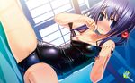  areolae bare_shoulders black_school_swimsuit blue_eyes blue_hair blush breasts dutch_angle embarrassed hair_bobbles hair_ornament highres long_hair medium_breasts nipple_slip nipples one-piece_swimsuit original sakuya_tsuitachi school_swimsuit shiny shiny_clothes shiny_swimsuit sitting skindentation solo spread_legs strap_slip swimsuit twintails wavy_mouth wet 