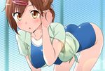  bent_over brown_eyes brown_hair chuunibyou_demo_koi_ga_shitai! competition_school_swimsuit dress_shirt hair_bun hair_ornament hairclip highres mousou_(mousou_temporary) nibutani_shinka one-piece_swimsuit school_swimsuit shirt swimsuit tied_shirt 