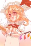  bad_id bad_pixiv_id bandaid bandaids_on_nipples blonde_hair blush breast_grab breasts demekyon fang flandre_scarlet grabbing guided_breast_grab hat navel open_mouth pasties red_eyes short_hair side_ponytail small_breasts smile solo_focus touhou wings wrist_cuffs 