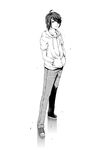  araragi_koyomi closed_mouth collarbone drawstring full_body greyscale hair_over_one_eye hands_in_pocket hood hooded_jacket jacket kouji_(campus_life) looking_at_viewer male_focus monochrome monogatari_(series) pants shoes short_sleeves simple_background smile solo white_background 