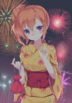  festival fireworks floral_print hair_bun hair_ornament hairpin highres japanese_clothes kimono orange_eyes orange_hair short_hair smile snowflyer solo yahari_ore_no_seishun_lovecome_wa_machigatteiru. yellow_kimono yuigahama_yui yukata 