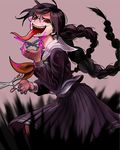  blood blood_on_face braid brown_hair danganronpa danganronpa_1 fukawa_touko genocider_shou glasses kirusu long_hair long_tongue red_eyes school_uniform scissors serafuku sharp_teeth skirt solo spoilers stylized_blood teeth tongue tongue_out twin_braids 