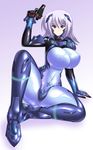  1girl artist_request blue_eyes bodysuit breasts cryska_barchenowa fortified_suit gun hair_ornament hairclip handgun highres huge_breasts lavender_hair legs long_legs looking_at_viewer muvluv muvluv_alternative muvluv_total_eclipse pistol simple_background sitting skin_tight spread_legs thick_thighs thighs weapon 