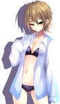  blonde_hair blush bra breasts cleavage collarbone dress_shirt ear_piercing green_eyes idolmaster idolmaster_cinderella_girls kimura_natsuki long_sleeves medium_breasts natsu_(anta_tte_hitoha) navel open_clothes open_shirt piercing shadow shirt short_hair solo underwear 