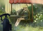  artist_name ascot blonde_hair book bug butterfly cup dated flower garden glasses hand_pump insect kanokoga long_hair military military_uniform no_legwear outdoors perrine_h_clostermann reading shade sitting solo strike_witches teacup teapot uniform world_witches_series yellow_eyes 