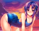  all_fours ass blush brown_eyes bulge cloud glasses hair_ornament hairclip male_focus ocean one-piece_swimsuit original otoko_no_ko purple_hair school_swimsuit shimaji sky solo sunset swimsuit water 