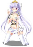  blush breasts cleavage hair_ornament hair_ribbon highres kneeling large_breasts long_hair looking_at_viewer mamo_williams midriff navel no_shoes original purple_hair red_eyes revealing_clothes ribbon skirt smile solo thighhighs v very_long_hair white_legwear zettai_ryouiki 